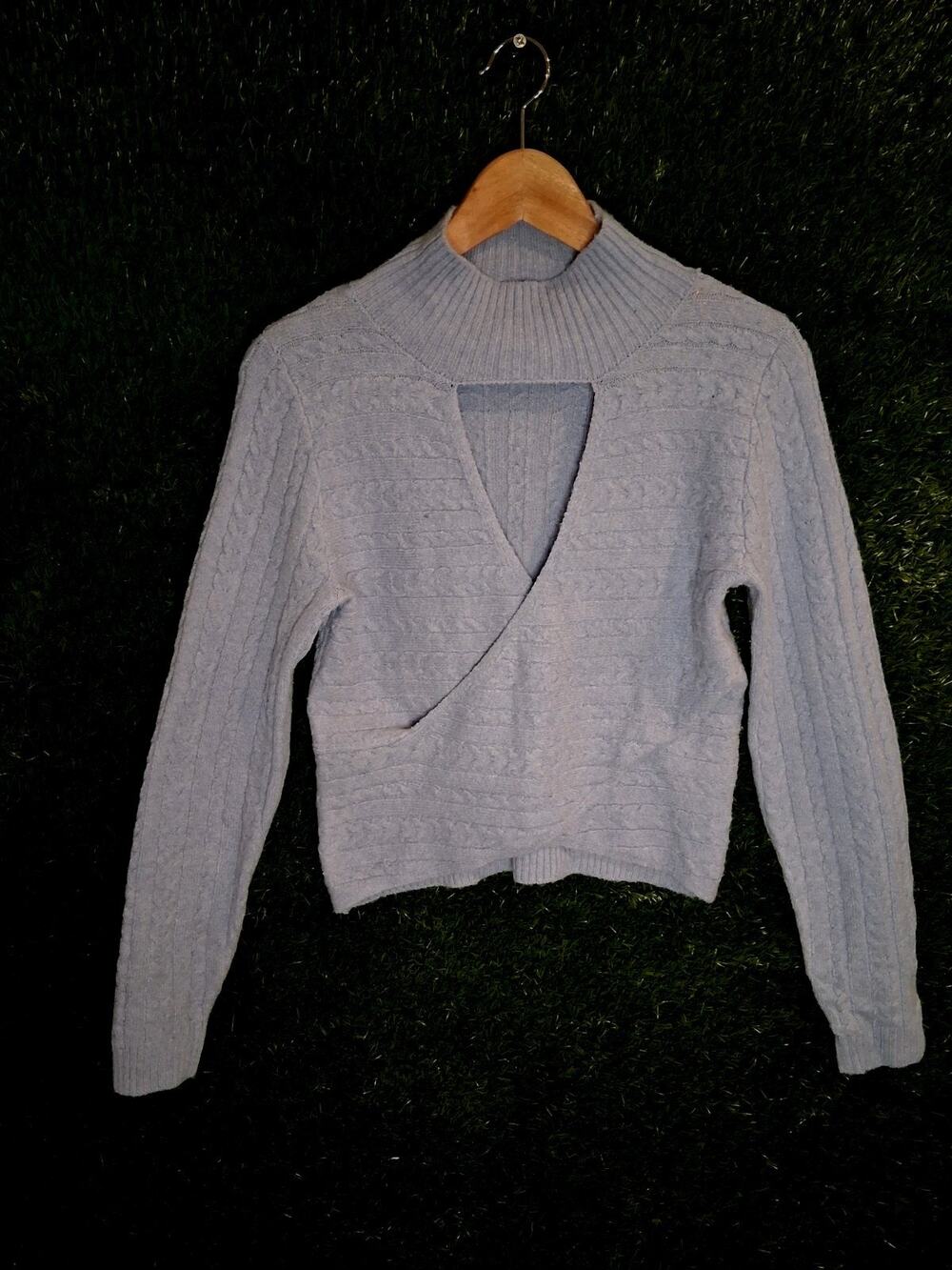 Pink Rose Women's Blue Cable Knit Cropped Sweater Mock Neck Size M Crossover...